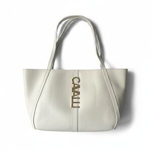 Cavalli‎ Class Sandra Shopper Faux Leather Logo Tote Bag NWT White